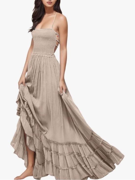 Amazon Dresses & Skirts - Beige Smocked Maxi Dress Boho Tiered Ruffle Strappy Back Flowy Summer | Size S